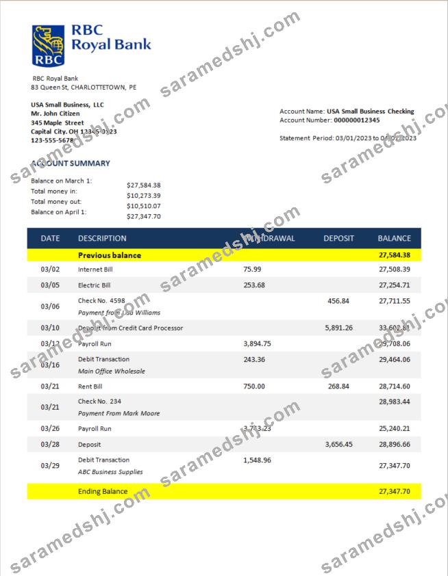 RBC Royal Bank enterprise checking account statement Word and PDF template